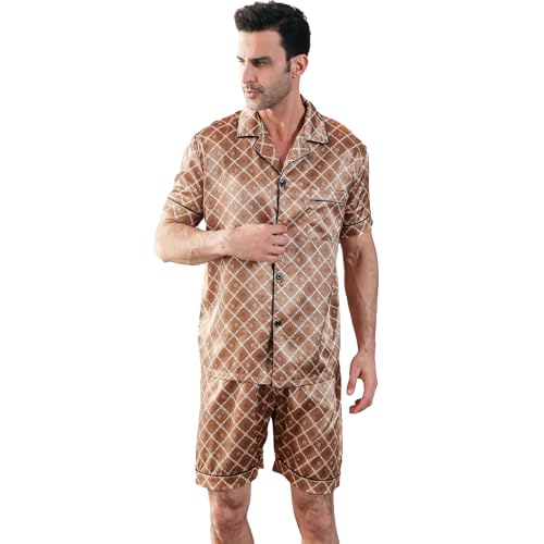 RuanMM Herren-Pyjama-Set aus Seidensatin, kurzärmelige Nachtwäsche, seidige Loungewear mit kurz Hosen | goldene Textur- XL von RuanMM