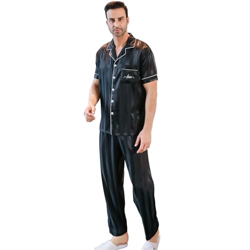 RuanMM Herren-Pyjama-Set aus seidigem Satin, kurzärmelig, Klassische Nachtwäsche, Button-Down-Loungewear mit Langen Hosen | Schwarze Streifen -L von RuanMM