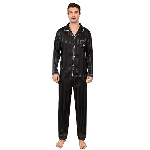 RuanMM Herren-Pyjama-Set aus seidigem Satin, langärmliges Oberteil und Lange Hose, seidige Nachtwäsche für Herren(L, Schwarze Streifen)… von RuanMM