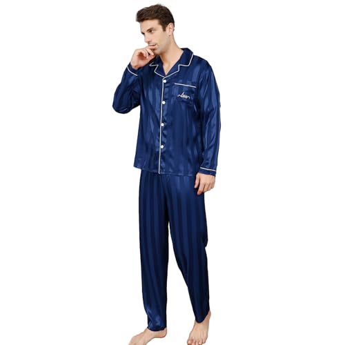 RuanMM Herren-Pyjama-Set aus Seidensatin mit blauen Streifen | Langärmlige Oberteile und Hosen aus Seide für Herren(L, Blaue Streifen) von RuanMM