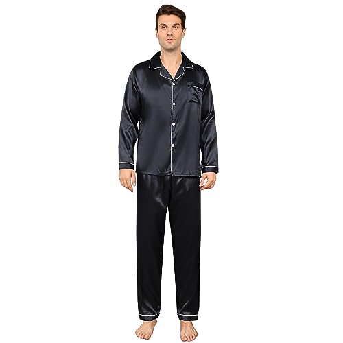 RuanMM Herren-Pyjama-Set aus seidigem Satin, langärmliges Oberteil und Lange Hose, seidige Nachtwäsche für Herren(M, Schwarz) von RuanMM