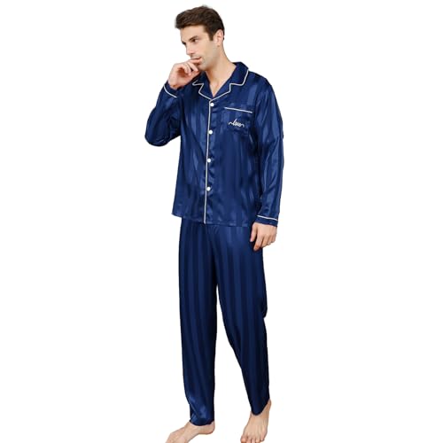 RuanMM Herren-Pyjama-Set aus Seidensatin mit blauen Streifen | Langärmlige Oberteile und Hosen aus Seide für Herren(M, Blaue Streifen) von RuanMM