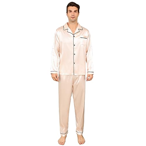 RuanMM Herren-Pyjama-Set aus seidigem Satin, langärmliges Oberteil und Lange Hose, seidige Nachtwäsche für Herren(XL, Rosa) von RuanMM