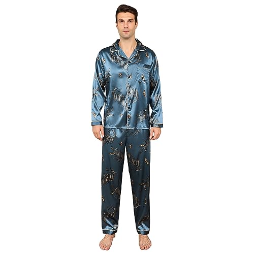 RuanMM Herren-Pyjama-Set aus seidigem Satin, langärmliges Oberteil und Lange Hose, seidige Nachtwäsche für Herren (L, Schmetterling) von RuanMM