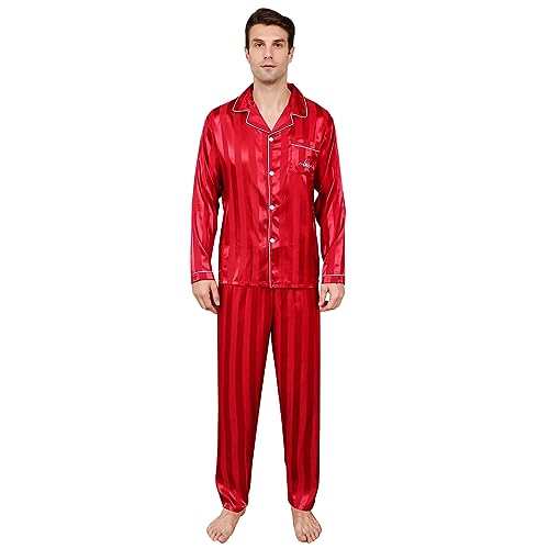 RuanMM Herren-Pyjama-Set aus seidigem Satin, langärmliges Oberteil und Lange Hose, seidige Nachtwäsche für Herren (L, roter Streifen) von RuanMM