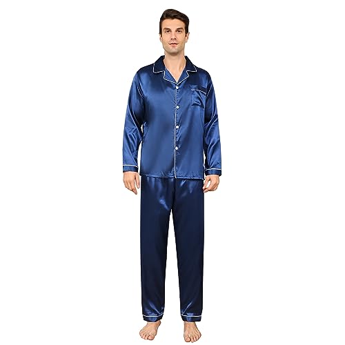 RuanMM Herren-Pyjama-Set aus seidigem Satin, langärmliges Oberteil und Lange Hose, seidige Nachtwäsche für Herren (M, Blau) von RuanMM