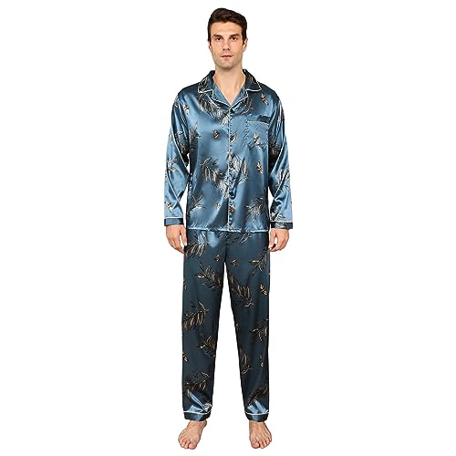 RuanMM Herren-Pyjama-Set aus seidigem Satin, langärmliges Oberteil und Lange Hose, seidige Nachtwäsche für Herren (XXL, Schmetterling) von RuanMM