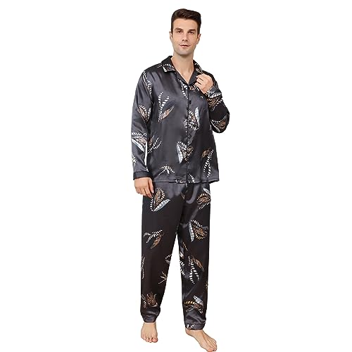 RuanMM Herren-Pyjama-Set aus seidigem Satin mit schwarzem Muster, Nachtwäsche mit Langen Ärmeln und Knöpfen(L, Schwarz04) von RuanMM