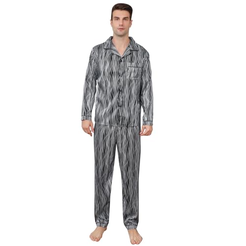 RuanMM Herren-Pyjama-Set aus seidigem Satin mit schwarzem Muster, Nachtwäsche mit Langen Ärmeln und Knöpfen(L, Schwarz06) von RuanMM