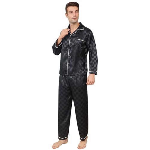 RuanMM Herren-Pyjama-Set aus seidigem Satin mit schwarzem Muster, Nachtwäsche mit Langen Ärmeln und Knöpfen(L, Schwarz07) von RuanMM