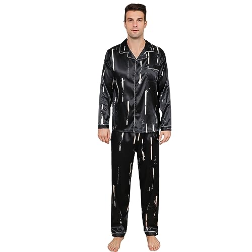 RuanMM Herren-Pyjama-Set aus seidigem Satin mit schwarzem Muster, Nachtwäsche mit Langen Ärmeln und Knöpfen(XXL, Schwarz01) von RuanMM