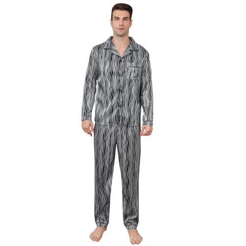 RuanMM Herren-Pyjama-Set aus seidigem Satin mit schwarzem Muster, Nachtwäsche mit Langen Ärmeln und Knöpfen(XXL, Schwarz06) von RuanMM