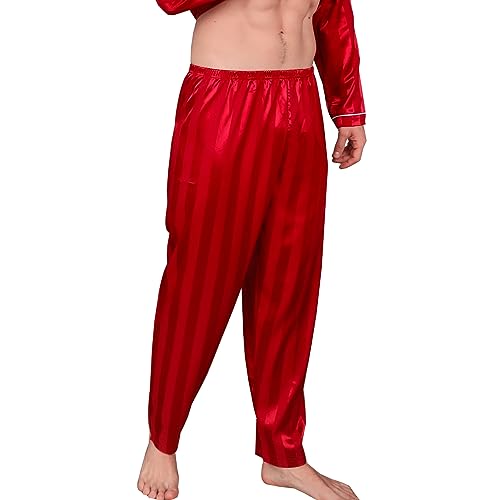 RuanMM Herren-Pyjamahose aus superseidigem Satin mit weichen Streifen/Schlafhose/Pyjamahose, rot gestreift-XXL von RuanMM