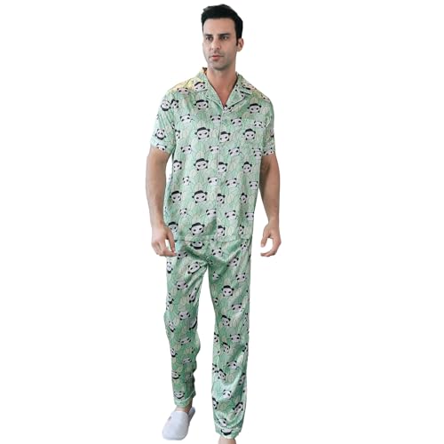 RuanMM Klassisches Herren-Pyjama-Set aus Seidensatin, kurzärmelige Nachtwäsche, Knopf-Loungewear mit Langen Hosen | Green Panda -M von RuanMM