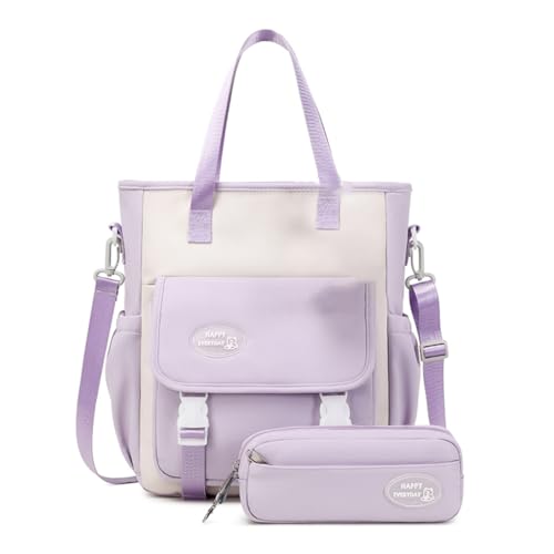 Ruarby Schultertasche mit doppeltem Riemen, für Mädchen, Grundschüler, Teenager, Rucksack, Handtasche, Federmäppchen, leicht, Schule, violett, Two piece set von Ruarby