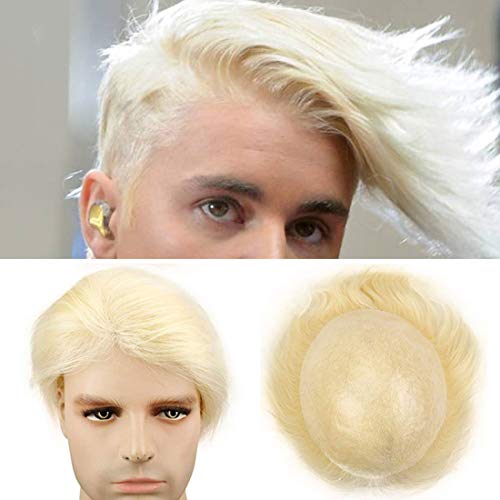 Rubyonly Herren Toupet Blonde Farbe 613 Gerade Remy Menschenhaar-Perücken Ganz Haut PU-Handwerk Größe 10x8 Hair Replacement-System von Rubyonly