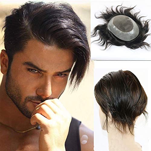 Menschenhaar 100% 8 x10 Remy Hair Replacement Perücken Feiner Mono mit dünner Haut Perimeter mit mittlerer Dichte Toupet für Männer (#1B) von Rubyonly