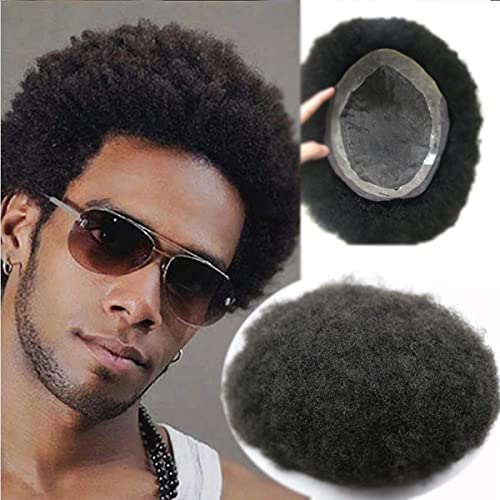 Rubyonly PU + Lace Base 6mm Afro Curl Herren Brazilian Human Hair Toupee für Afrikaner Amerika Black Herren Naturhaar Ersatzsystem von Rubyonly