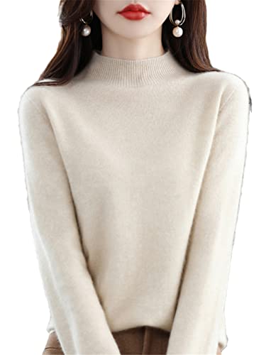 Ruereuu Damen Merino Kaschmir Strick Pullover Rollkragen Pullover Warm Pullover, beige, M von Ruereuu