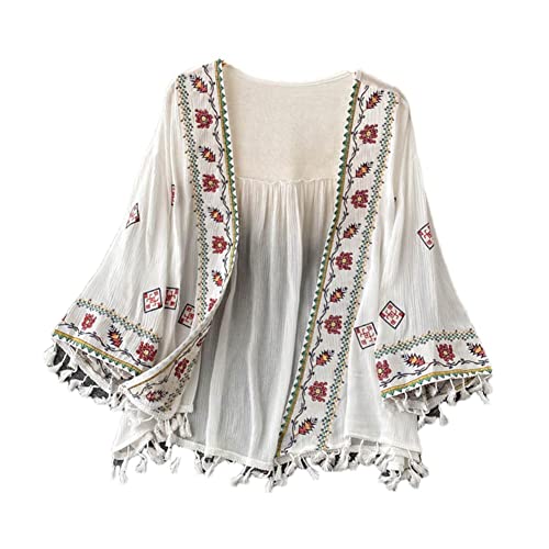 Ruereuu Damen Sommer Bluse Bohemian Bestickte Fransen Chiffon Cardigan Top, weiß, Einheitsgröße Ruereuu Damen Sommer Bluse Bohemian Bestickte Fransen Chiffon Cardigan Top, weiß, Einheitsgröße von Ruereuu