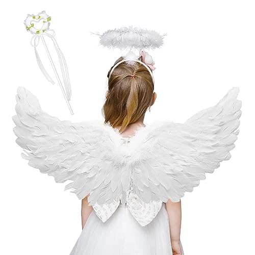 Ruikdly Engelsflügel Weiß Engel Kostüm Damen 65cm Federflügel Engel mit Heiligenschein und Zauberstab Engelsflügel für Kinder Federn Angel Wings Cosplay für Erwachsene Karneval Party Festliche Party von Ruikdly