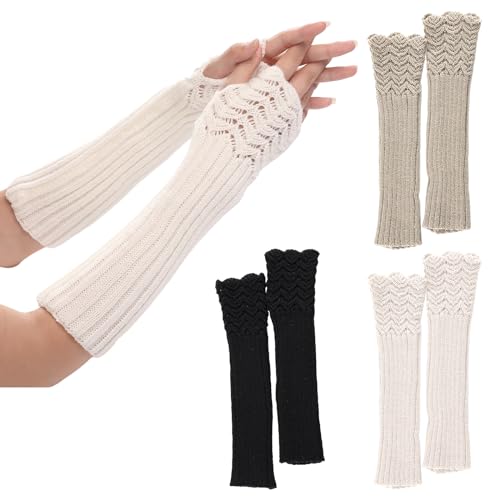 Ruikdly 3 Paar Armstulpen Damen, Lange Fingerlose Handschuhe Hand Warmers Handstulpen Pulswärmer Arm Sleeve 31cm Hand Stulpen Gestrickt für Damen Herren Grau, Schwarz, Weiß von Ruikdly