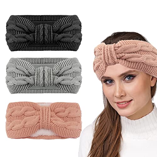 Stirnband Damen Winter 3 Stück Gestrickte Haarreifen Elastisches Haarband Kosmetik Gestrickt Ohrenwärmer Stirnband Damen Mädchen für Outdoor Sport Skifahren Laufen Workout（Schwarz Pink Grau） von Ruikdly