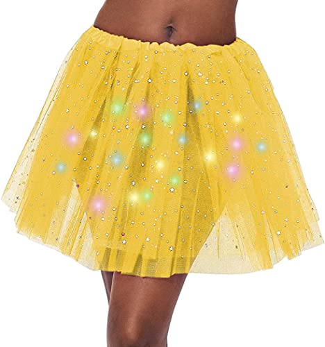 Ruiuzioong Damen Tüllrock Klassisch Tutu Faltenrock Sterne Pailletten Prinzessin Rock Mit LED Kleine Birne,für Dress Up Party Ballett Tanzen (Gelb) von Ruiuzioong