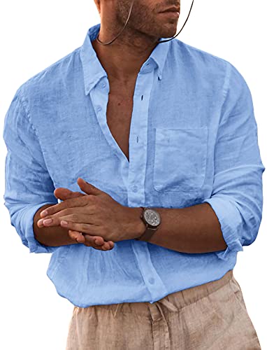 Herren Button-Down-Hemd Leinen Baumwolle Hemden Casual Langarm Spread Kragen Leicht Strand Einfarbig Tops, 02 Blue, XX-Large von Runcati