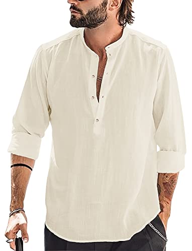 Runcati Herren Baumwolle Leinenhemd Langarm Hemd Stehkragen Strandhemd Sommerhemd Elegant Shirts, Beige, XXL Runcati Herren Baumwolle Leinenhemd Langarm Hemd Stehkragen Strandhemd Sommerhemd Elegant Shirts, Beige, XXL von Runcati