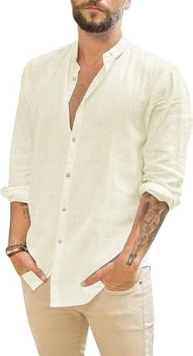 Runcati Herren Hemd Leinenhemd Langarm Sommer Strand Hemd Casual Regular Fit Freizeithemd Shirts Beige L von Runcati