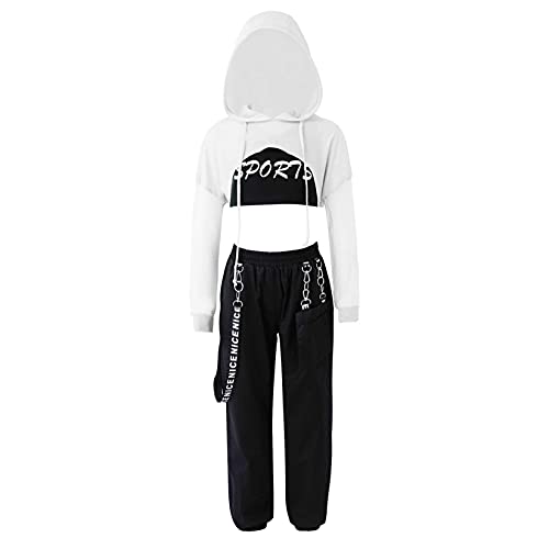 Runhomal 3 Stück Mädchen Sportanzug Set kapuzenpullover + Pants + BH Yoga Jogging Training Hip Hop Coolgirls Streetwear Kinder Jazz Kleidung A Weiß 110-116/5-6 Jahre von Runhomal