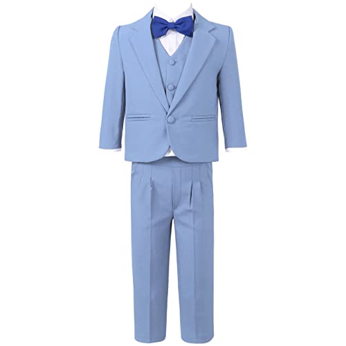 Runhomal 5Pcs Jungen Gentleman Anzug Smoking Hochzeit Outfits Blazer+Weste+Hemd+Fliege+Hosen Anzüge & Sakkos Set für Kinder Blau 122-128 von Runhomal