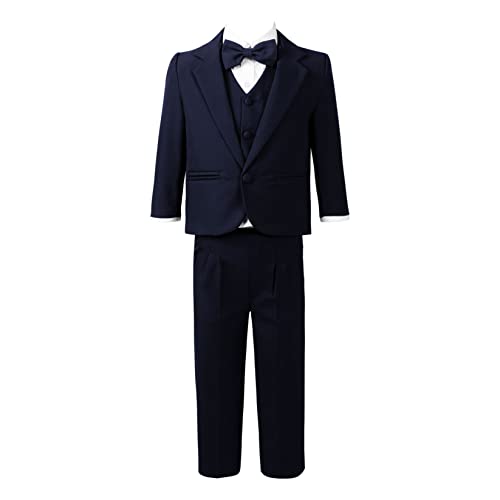 Runhomal 5Pcs Jungen Gentleman Anzug Smoking Hochzeit Outfits Blazer+Weste+Hemd+Fliege+Hosen Anzüge & Sakkos Set für Kinder Dunkelblau 110-116 von Runhomal