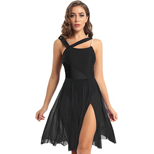 Runhomal Damen Ärmellos Tanzkleid Ballettkleid Lyrischen Latein Rumba Salsa Tango Kleider Tanzkleidung Tanzbody mit Rock Tütü Träger Eiskunstlauf-Kleid Trikotanzug Ballettanzug Schwarz M von Runhomal