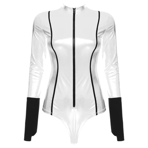 Runhomal Damen Body Metallic Bodysuit Langarmbody Farbblock Gymnastikbody Turnbody High Cut Catsuit Trikot Leotards Gogo Clubwear B Silber 3XL von Runhomal