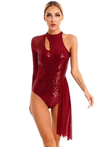 Runhomal Damen Glitzer Gymnastikbody Turnbody Pailletten Eiskunstlauf Kleid Tanzkleider Ballettkleid Mesh Langarm Trikot Leotard Gymnastikanzug Ballettkleidung Burgundy L von Runhomal