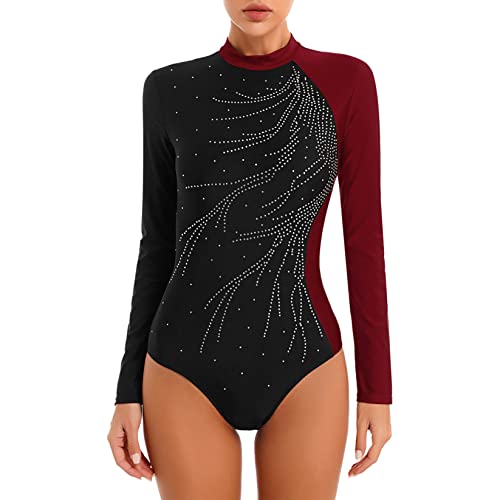 Runhomal Damen Gymnastikbody Turnbody mit Strass Langarm Bodysuit Ballettbody Trikot Leotard Tanztrikot Turnanzug Ballettanzug Elegant S-XL Burgundy M von Runhomal