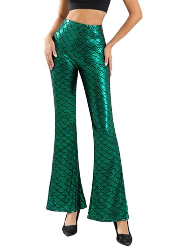 Runhomal Damen Meerjungfrau Leggings Fischschuppen Druck Schlaghosen Glockenhose Metallic Lange Schlag Hosen Ausgestelltem Hose Faschingskostüm Karneval Clubwear Dunkelgrün L von Runhomal