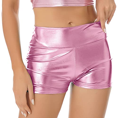 Runhomal Damen Metallic Shorts Hot Pants Hohe Taille Kurze Hosen Yogahose Glänzend Booty Shorts Tanzhoe Sport Fitness Training Shorts Party Clubwear Rosa M von Runhomal