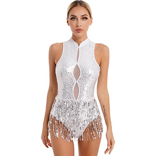 Runhomal Damen Pailletten Bodysuit Ballett Trikot Body mit Fransen Gymnastik Leotard Tanzbody Rückenfrei Spaghettiträger Top Gymnastikanzug Turnanzug B Weiß L von Runhomal