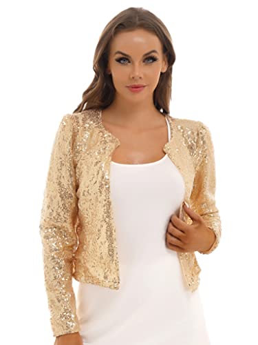 Runhomal Damen Pailletten Cardigan Jacke Langarmjacke Glitzer Strickjacke Bolero Abendjacke Bluse Eleganter Blazer Kurz Oberteile für Cocktail Clubwear Gold M von Runhomal