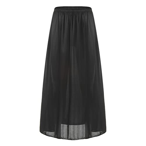 Runhomal Damen Satin Unterrock Halbrock Glatt Dessous Lang Rock mit Spitzensaum Einfarbig Dünner Innenrock Underskirt Petticoat Frauen Unterröcke Nachtwäsche Schwarz B One Size von Runhomal