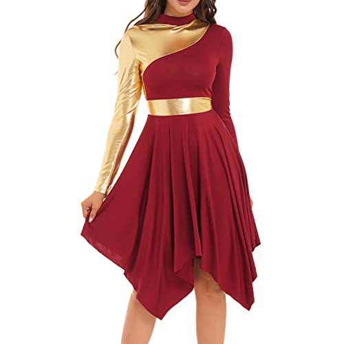 Runhomal Damen Tanzkleid Eiskunstlauf-Kleid Langarm Ballettkleid Ballettkleidung Tanzbody Gymnastikbody mit Asymmetrischer Saum Dancewear Burgundy M von Runhomal