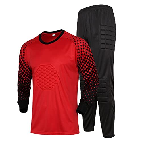 Runhomal Jungen Torwarttrikot Zweiteilige Fußball-Torwart-Outfit Gepolsterte T-Shirt Trainingsshirt Fußballtrikot Drawstring Hose Torwart Uniform C Rot 134-140 von Runhomal