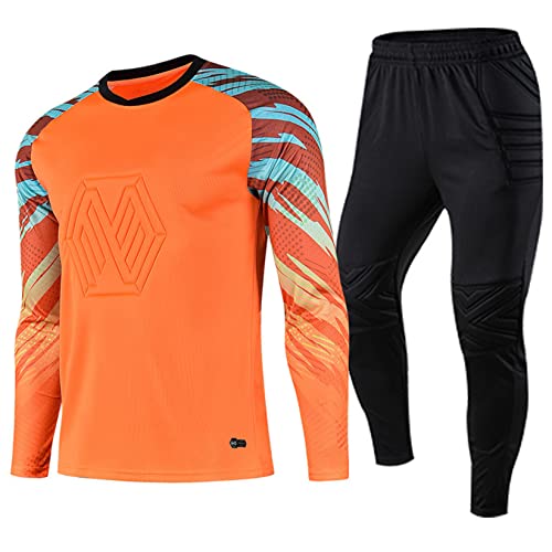 Runhomal Jungen Torwarttrikot Zweiteilige Fußball-Torwart-Outfit Gepolsterte T-Shirt Trainingsshirt Fußballtrikot Drawstring Hose Torwart Uniform Orange 134-140 von Runhomal