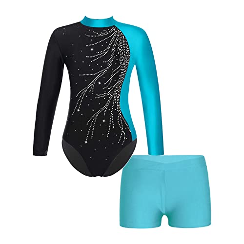 Runhomal Kinder Mädchen Metallic Gymnastikanzug Turnanzug Langarm Trikot Body mit Shorts Set Ballettbody Gymnastik Leotards Sportbody für Tanz Gym Workout I Blau 134-140 von Runhomal