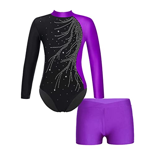 Runhomal Kinder Mädchen Metallic Gymnastikanzug Turnanzug Langarm Trikot Body mit Shorts Set Ballettbody Gymnastik Leotards Sportbody für Tanz Gym Workout I Violett 122-128 von Runhomal