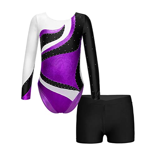 Runhomal Kinder Mädchen Metallic Gymnastikanzug Turnanzug Langarm Trikot Body mit Shorts Set Ballettbody Gymnastik Leotards Sportbody für Tanz Gym Workout J Violett 158-164 von Runhomal