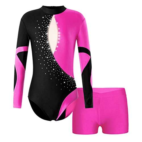 Runhomal Kinder Mädchen Metallic Gymnastikanzug Turnanzug Langarm Trikot Body mit Shorts Set Ballettbody Gymnastik Leotards Sportbody für Tanz Gym Workout N Rosa 122-128 von Runhomal